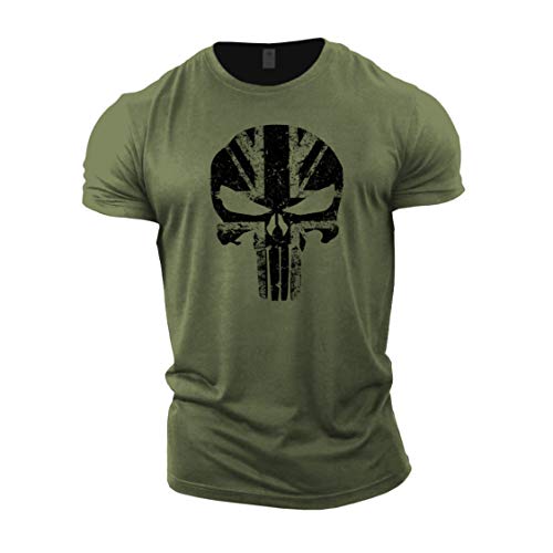 GYMTIER Skull UK Flag - Camiseta de gimnasio para hombre, entrenamiento de culturismo, entrenamiento, levantamiento de pesas, color verde, XL