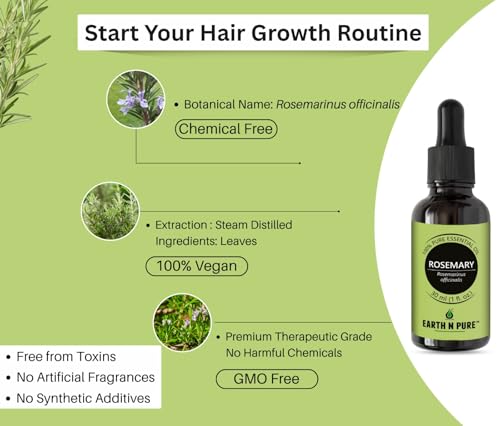 Image of Earth N Pure Rosemary Essential Oil for Hair Growth & Scalp Care - 100% Pure Natural Rosemary Oil for Skin & Aromatherapy - Steam Distilled - 100ml