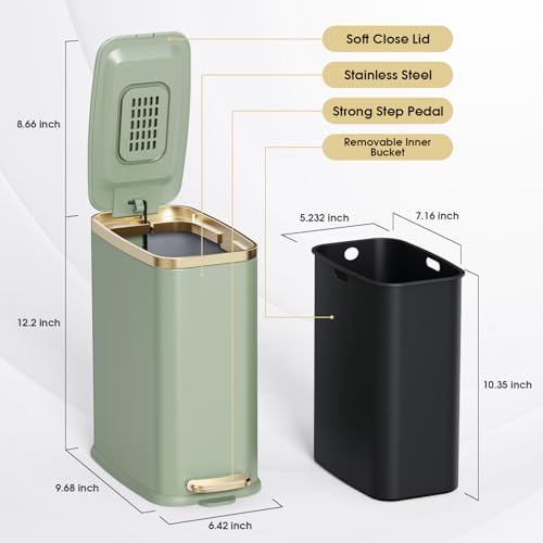 Image of CEROELDA Small Bathroom Trash Can with Lid-5L /1.3 Gal-Soft Close Lid-Green