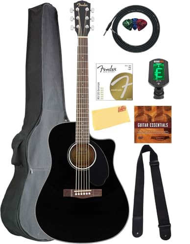Fender CD-60SCE Solid Top Dreadnought Acoustic-Electric Guitar - Black Bundle with Gig Bag, Cable...