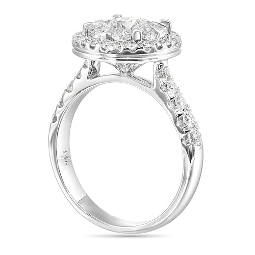 Diamond Delight 1 2/3 Carat Real Natural Diamond Round Halo Ring for Women - 14k White Gold Engagement Ring for Her - Stunning Halo and Pave Band (H, VS1, 1.60 cttw) - Promise Anniversary Band Size 73
