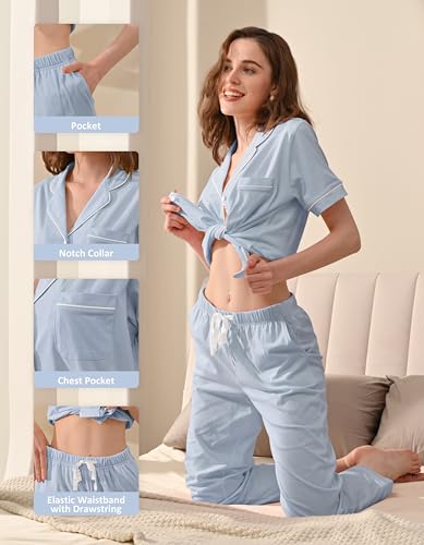 Image of NAP BOUND 100% Cotton Women's Pajama Sets Short Sleeve Button Down Soft Pjs 2 Piece Lounge Set with Pocket Nightwear XS-XXL