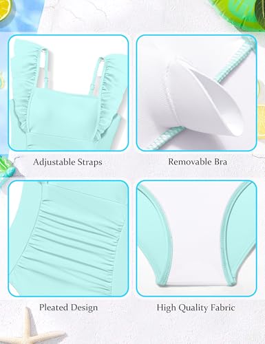 Image of NECIOUS Girls Swimsuit Ruffle Adjustable Straps One Piece Bathing Suit Solid Color Ruched Girls' Swimwear 9-16Y
