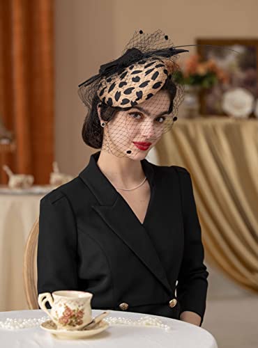 Zivyes Leopard Fascinators For Women Tea Party Kentucky Derby Hats Veil Pillbox Hat 1950S Feather Headband Funeral Church #TOP2