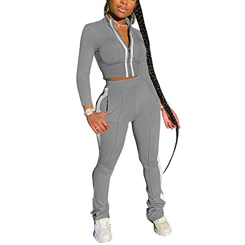 WUSENST Women's 2 Piece Tracksuit Long Sleeve Zip-up Crop Top Bodycon Side Stripe Sweatpants Gymwear
