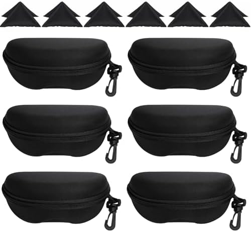 Nicunom 6 Pack Sunglasses Case Portable Travel Glasses Case, Zipper Shell Eyeglasses Cases with Hook and Cleaning Cloth