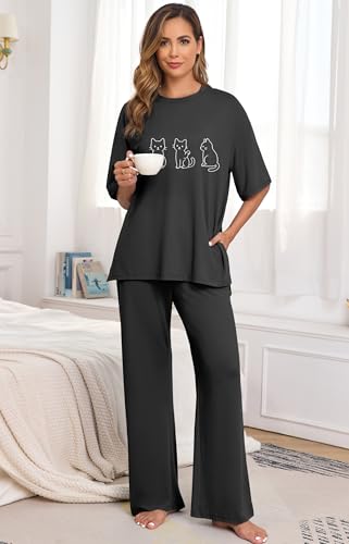 Image of PrinStory Womens Pajamas Sets 2 Piece Lounge Set Short Sleeve Tops and Long Pants Soft Pjs Loungewear with Pockets