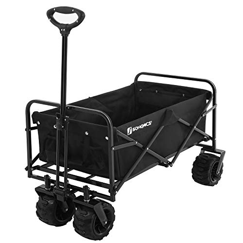 SONGMICS Garden Trolley, 86L Hand Trailer with Handle, 4 Reinforced Wheels 10 cm Thick, 2 of Which Swivel 360°, 100 kg Capacity, Foldable, for Outdoor, Garden, Excursions, Black GHT04BK
