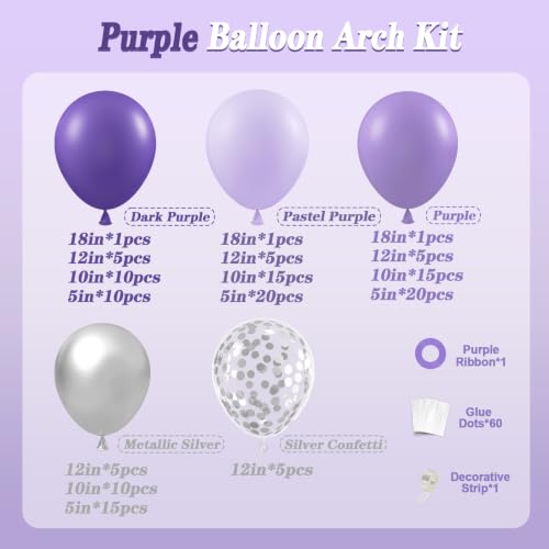 Image of 147pcs Purple Balloon Garland Arch Kit, Different Sizes with Dark Purple Light Purple Metallic Silver Confetti Lavender Latex Balloons for Baby Shower Wedding Birthday Party Decorations
