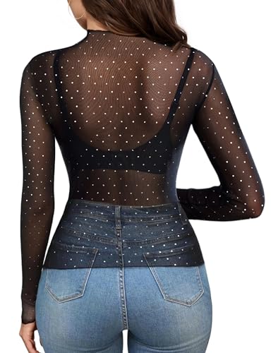 Buauty Sparkle Sheer Mesh Lace Top for Women See Through Layering Shirts Long Sleeve Mock Neck T Shirts 2025 Fashion4