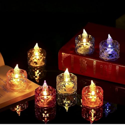 Image of VERVENIX Crystal LED Tea Light Candles | Flameless Smokeless Decorative Crystal Candles for Diwali, Festival, Wedding, Christmas & Home Decoration (Multicolor-Pack of 6)