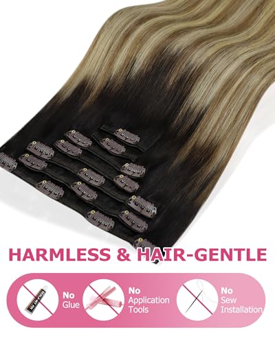 Image of YoungSee 135g Clip in Human Hair Extensions Balayage Remy Clip in Hair Extensions Dark Brown Ombre Medium Brown with Blonde Can Be Heat-styled Real Hair Extension Clip ins Human Hair 18 Inch 7pcs