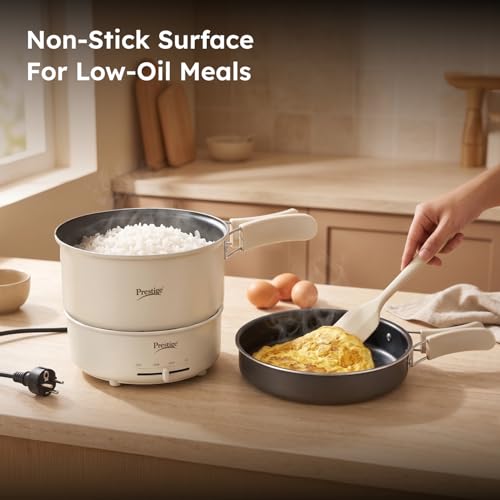 Image of Prestige Electric Omnipot | 1000W Electric Cooking Pan & Fry Pan with Lid | Steam Vent | Temperature Control Slider | Cool-Touch Foldable Handles | Detachable Power Cord | Compact Design | 1Y Warranty