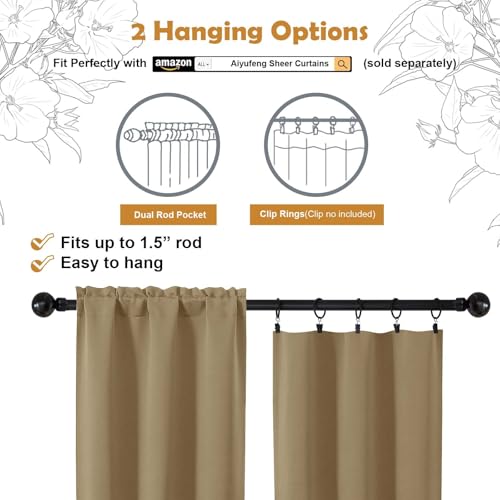 Image of Aiyufeng Taupe Blackout Curtains for Bedroom 63 Inch Length 2 Panels Set, Solid Thermal Insulated Energy Saving Rod Pocket Window Treatment Curtains Blackout Drapes, W40 x L63 Inch, Taupe