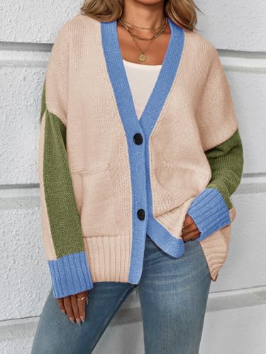 Saodimallsu Womens V Neck Cardigan Sweaters Color Block Button Oversized Long Sleeve Open Front Knit Sweater Coats2
