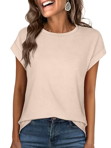 ANRABESS Womens Tops Summer Cap Sleeve Basic Tee Shirts 2026 Trendy Loose Fit Casual Dressy Business Work Tshirts Clothes Beige Medium