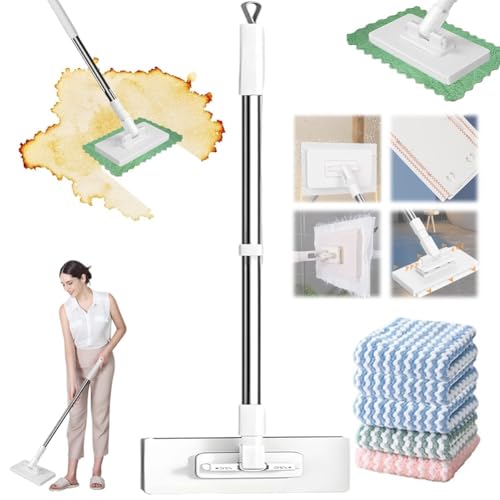 Mocio Monouso per La Polvere con 4 Panni Riutilizzabili, Mini Mocio Piatto con Manico in Acciaio Inossidabile, Cambio Rapido Del Panno in 1 Secondo, Mocio Rotante a 360° per Angoli
