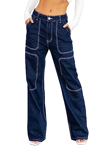 Dokotoo Women's Casual Mid Waist Cargo Jeans
