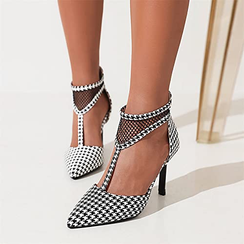 Women Hollow Out Ankle T-Strap D'orsay Pumps Pointed Toe Stiletto Heel Back Zipper Office Lady Sexy Shallow Solid Print Super High Heel Retro Dress Wedding Party Shoes (Houndstooth,Us8.5) #TOP7