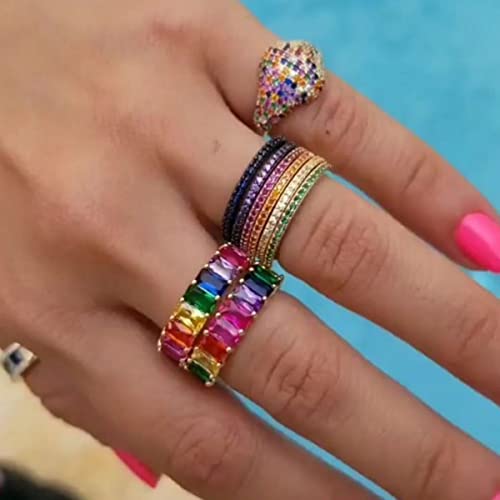 Image of Caiyao Green Emerald Eternity Paved Square Cubic Zirconia Promise Wedding Band Rings Gold Plated Baguette Jewelry Rectangle Emerald-Cut CZ Ring for Women Girls