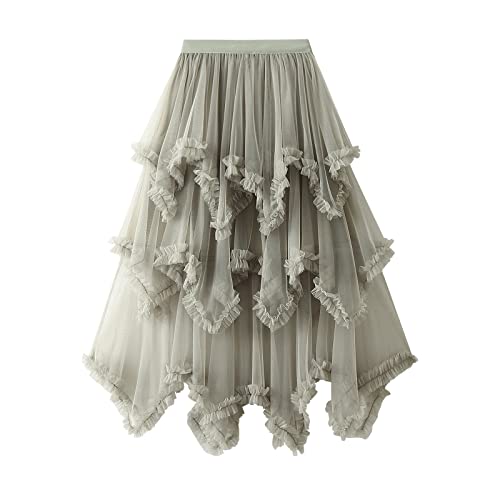 Women's Tulle Midi Skirt - Asymmetrical Pleated Layered Tutu, Elastic High Waist Cocktail & Casual Outfit
