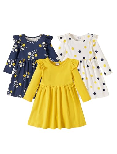 PATPAT 3-Packs Toddler Girl Floral and Polka Dots Long-Sleeve Dress