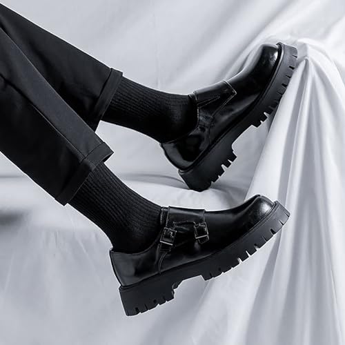 Men's Black Leather Platform Oxfords - Low Top Slip On Double Monk Strap Dress Shoes - Comfort Non-Slip, for Business Party Daily Wear3