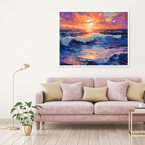 Image of Clendo Beach Paint by Numbers Kit for Adults Beginner, Colorful Seaside Painting by Number on Canvas, DIY Acrylic Sunset Adult Paint by Number Kits for Home Decor Gift 16x20 Inch