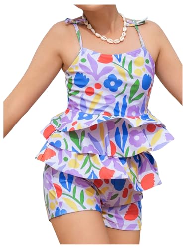Verdusa Girl's 2 Piece Floral Tankini Set Ruffle Layered Camisole Shorts Swimsuit