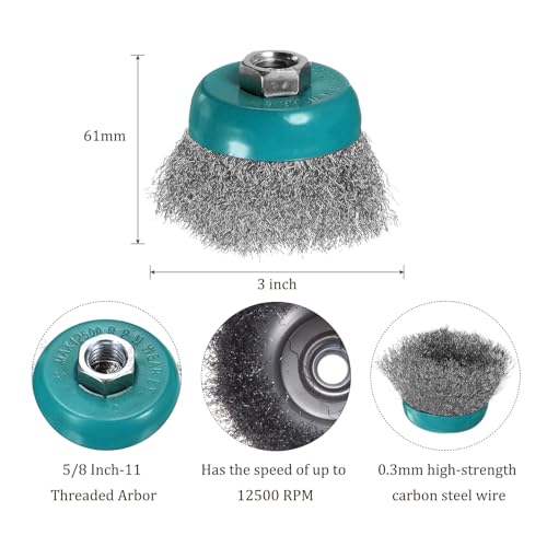 Image of Wire Cup Brush for Rotary Tool - [3 Inch] Coarse Crimped for Paint Stripping Cleaning Rust Light Duty Conditioning, 5 /8 Inch-11 Threaded Arbor, Cyan