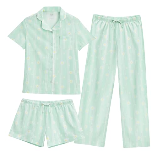 Image of US Angels Girls Pajama Set 3 Piece, Short Sleeve Button Down PJs with Shorts & Pants, Soft Sleepwear Girls & Tweens Size 5-16