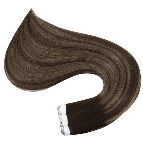 Image of Full Shine Tape in Weft Hair Extensions Human Hair 20 Inch Color 2 Dark Brown to 8 Ash Brown and 2 Dark Brown Seamless Genius Weft Hair Extensions 4PCS Straight Soft and Silky 120g