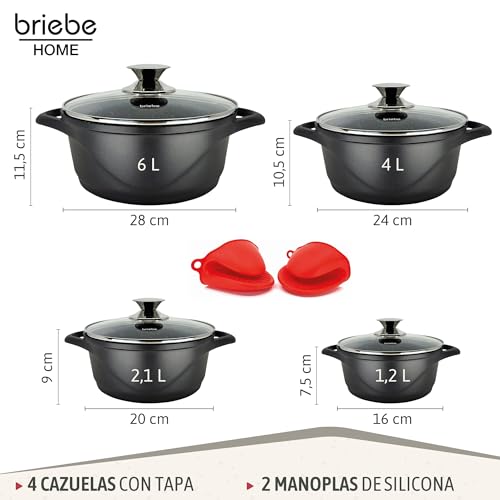 briebe Batería Cocina Inducción 8 Piezas, Juego 4 Ollas Aluminio Fundido, Antiadherente ILAG GRANITEC sin PFOA, Set Cazuelas Tapas Cristal, Guantes Silicona, Vitrocerámica, Gas, Horno, MGK-12 - imagen 3