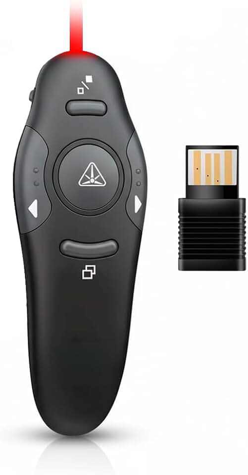Apresentador de Slide Laser Sem Fio com Controle Remoto, Apontador Vermelho 2.4 GHz, Alcance 10 Metros, Receptor USB, Pilha AAA Incluída Premium