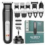 GSKYバリカン メンズシェーバーセット 5in1 鼻毛カッター 往復式シェーバー 防水 大容量バッテリー 電動バリカン 充電台付き 自動研磨 USB充電式 LCD表示 ヘアカッター 軽量 持ちやすい 低騒音 家庭 業務 ショートヘア用 セルフカット(ブラック)