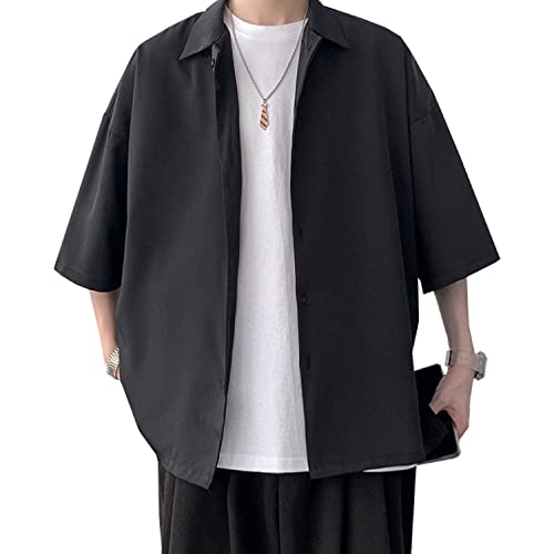 [SUN KAKU] ［サンカク］メンズ 男子 カジュアル ワイシャツ カラー シャツ トップス 五分袖 半袖 オーバーサイズ 大きいサイズ ルーズ メンズコーデ ダンス ストリート 普段着 春 夏 無地 お洒落 かっこいい 韓国 スタイル ファッション きれいめ お出かけ 10代 20代 30代 高校生 ブラック 2XL 黒