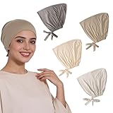 YAEGIMHT 4 Stück Hijab Kopftuch Damen, Muslimische Unterschal Hijab Undercap, Elastische Atmungsaktive Kopftücher Undercap, Chemo Kopftuch Schlafmütze (Grau, Aprikose, Cremeweiß, Beige