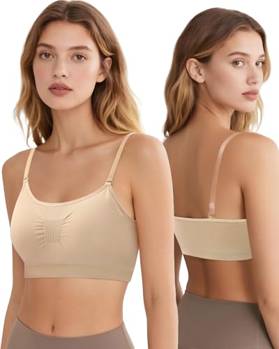 Clear Strap Bra for Girls Women, Nude Dance Bra Seamless Pad Ballet Bras with Adjustable Straps and Silicone Covers