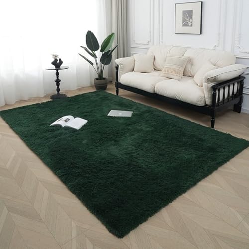 Hearda Alfombra Peluda Salon, Alfombra Shaggy Pelo Largo Alfombrilla Habitacion Moderna Suave Esponjosa con Base Antideslizante para Dormitorio Habitación Infantil (Verde Oscuro H,140x200cm)