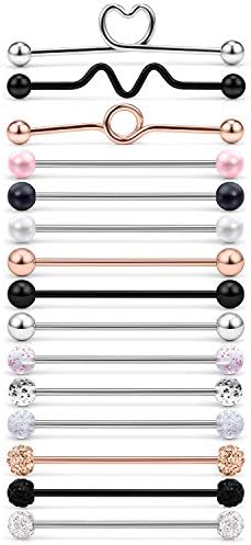 Ruifan 15PCS 16 Gauge Industrial Barbell Cartilage Earring Body Piercing Jewelry 1 1/2 Inch(38mm) Shinny Glitter Pearl Ball Heart Mix Color 3#