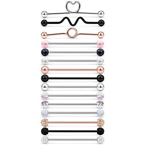 Ruifan 15Pcs 16 Gauge Industrial Barbell Cartilage Earring Body Piercing Jewelry 1 1/2 Inch(38Mm) Shinny Glitter Pearl Ball Heart Mix Color 3# #TOP8