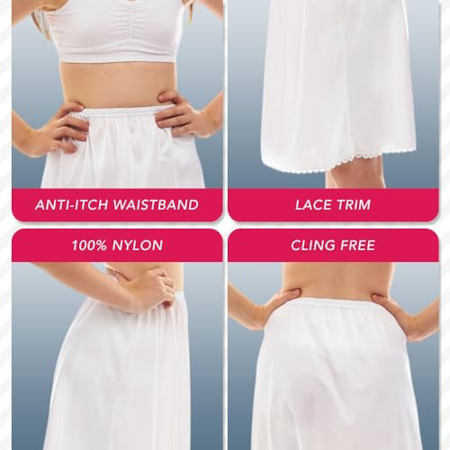 Girl's Half Slip Underdress, Non-cling, Silky Nylon Material, White Option Comfortable Covered Waistband and Lace Hemline, Size 12-14