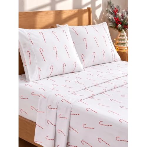CGK Christmas Sheet Set - Holiday Xmas Bedding - Candy Canes, Queen Size