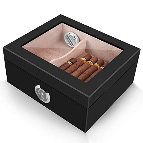 Cigar Humidor, Spanish Cedar Wood Cigar Desktop Box, Glass Top for 25-50 Cigars Luxury Hygrometer and Humidifier, Desktop Humidors Gloss Black - Thumbnail 2