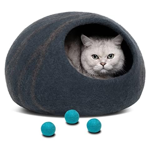MEOWFIA Premium Felt Cat Bed Cave (Slate Grey/Medium) and Wool Ball Toys (6-Pack) Bundle Cover