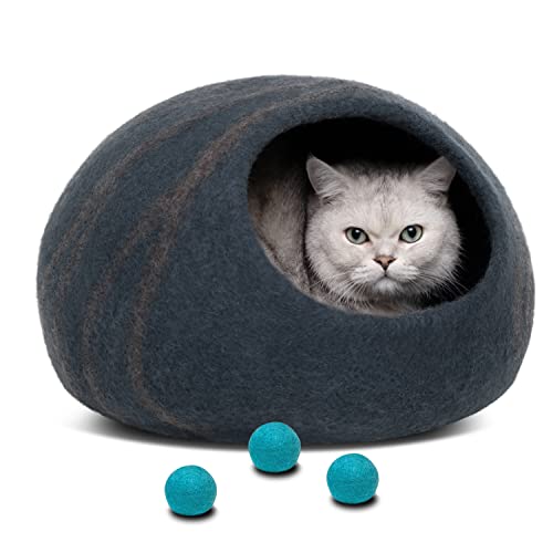 Meowfia Premium Felt Cat Bed Cave (Slate Grey/Medium) And Wool Ball Toys (6-Pack) Bundle #TOP10