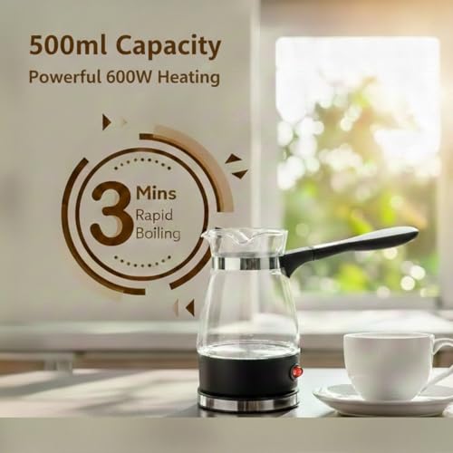 Image of Electric Turkish Coffee Maker and Kettle, Glass Pot with Handle, 500ml Capacity, Black and Clear 600W, Multi-Purpose for Coffee, Tea and Milk