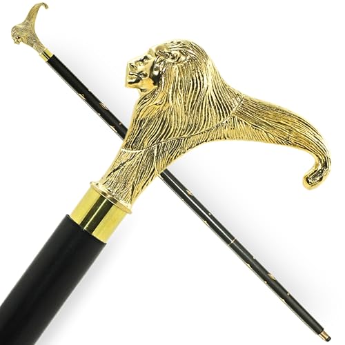 ANTIQUANA Solid Brass Lion Head Handle Wooden Walking Stick Cane Vintage Designer Handmade