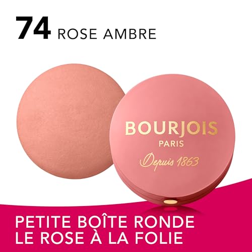 BOURJOIS - Boîte Ronde Blush 74 Rose Ambre - Piceau & Miroir Intégré - Technologie Fard Cuit - Texture Fine & Légère - Facile À Estomper - Parfum Gourmand