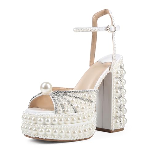 Saint Leia Women's Platform High Heels Square Open Toe Pearl Heels Buckle Rhinestones Summer Elegant Sandals